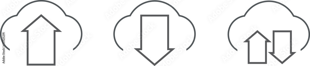 Poster collection cloud with arrow line icon. upload and download cloud arrow vector symbols. clouds with a