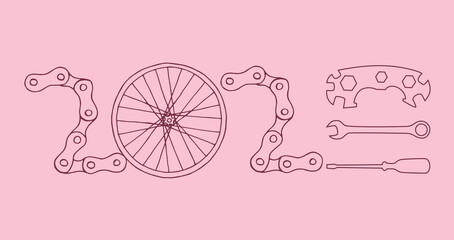 2023 Bicycle Happy New Year vector card illustration on pink background