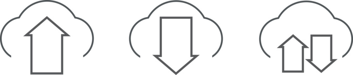 Collection cloud with arrow line icon. Upload and download cloud arrow vector symbols. Clouds with arrows up and down isolated blue signs.
