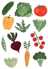 Qute gouache hand drawn vegetables set.  carrot, arugula, cherry tomatoes, beetroot, lettuce, bell pepper, cabbage, tomato, cucumber, fennel, broccoli  and pea charcters.