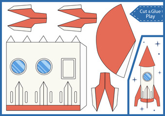 Kids craft template 3d a paper rocket. Ornament for birthday party with spaceship. DIY papercraft project. Worksheet for and activity page. Education children game. Vector illustration.