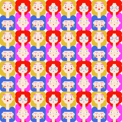 Seamless bauhaus vector bright pattern with female lady smiling faces with red and blue hair. Striped manycolored background for textile and wrapping or gift holiday paper