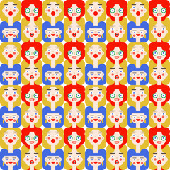 Seamless bauhaus vector bright pattern with female lady smiling faces with red and blue hair. Striped manycolored background for textile and wrapping or gift holiday paper