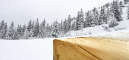 Desk of free space and winter landscape. 