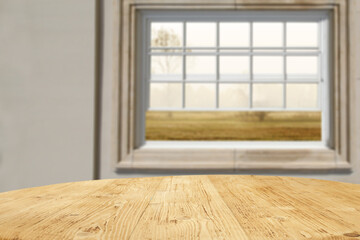 Fototapeta premium Desk of free space and kitchen interior. 
