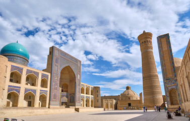 mir-i-arab madras, kotor minaret and mosque in bukhara, uzbekistan
