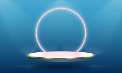 Glowing podium with neon round lights on a blue background with lanterns