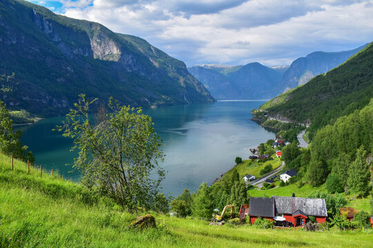 Magnificent mountain and ocean lake view, Aurlands Fjord, Otternes, Norway