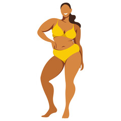 vector illustration on the theme of body positivity. a young curvy plump girl is not shy about her fat folds and a belly rolls. isolated on white background. love and accept your body. love yourself.