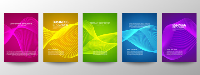Fototapeta premium Cover geometric minimal. Set. Set of templates for business brochures. Vector abstract line pattern for poster design. Flyer or Leaflet. Cool gradients. Graphic pattern for annual album backdrop.