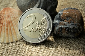 2 Euro coin end stones. European bimetallic coin reverse.