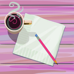 coffee cup napkin pencil on wood table