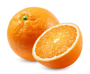 Orange isolated. Ripe juicy orange and half an orange on a white background. Fresh fruits.