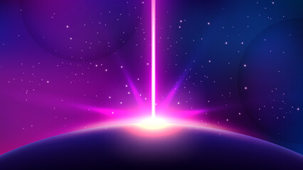 Violet Light Rising from Planet Horizon, Glowing Shine Background. Widescreen Vector Illustration