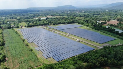 Solar energy farm. Aerial view of a solar farm in Asia.