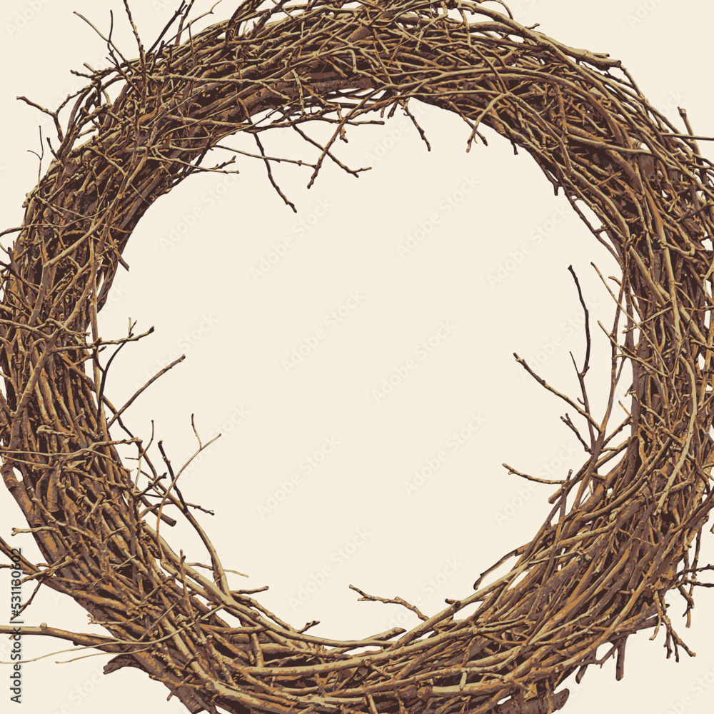 Poster vector wreath of tree branches in retro style. vector decorative illustration. round frame made of w