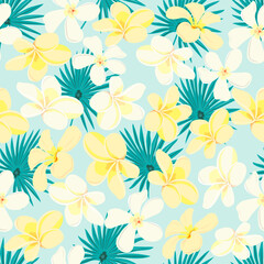 Fototapeta na wymiar Seamless pattern with white and yellow plumeria flowers and palm leaves. On a pale blue background. Vector. Perfect for textiles, wrapping paper and various designs.
