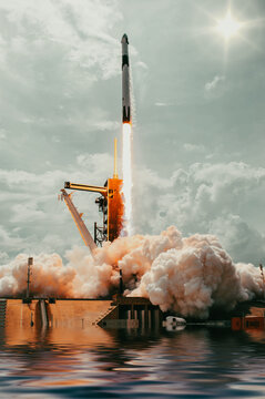 Dramatic rocket launch from the platform.The elements of this image furnished by NASA.