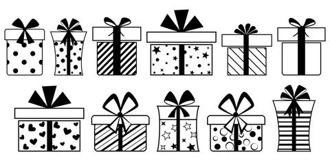 Set of gift boxes with bows and different patterns, in black colors, isolated on white background