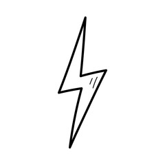Hand drawn electric lightening element. Comic doodle sketch style. Thunderbolt for flash, energy concept icon. Vector illustration.