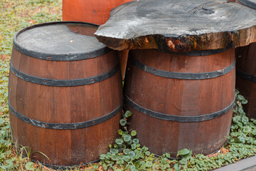 Fototapeta premium Old vintage wine barrel closeup. Texture of a wooden barrel