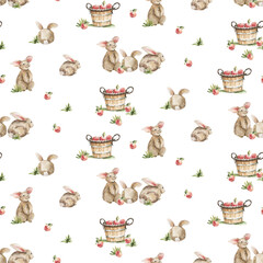 Rustic Watercolor Pattern Cereals, Cow, Chickens, Rabbits, Rye, Oats, Harvest Apples Rustic pattern for fabrics Autumn pattern