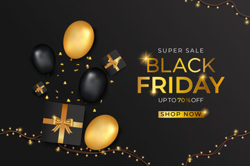 Realistic black Friday sale banner in black and golden elements