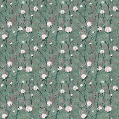 seamless floral pattern with dandelions on a green background, white fluffy flowers on a green field, hand-drawn illustration