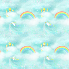 seamless pattern with a unicorn and a rainbow that flies in the sky and scatters stars with a magic wand, hand-drawn illustration