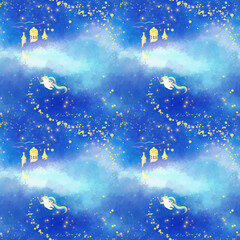 seamless pattern with a unicorn flying in the night sky and scattering stars with a magic wand, hand-drawn illustration
