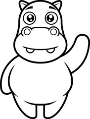 Outlined Cute Hippopotamus Cartoon Character Waving. Vector Hand Drawn Illustration Isolated On Transparent Background