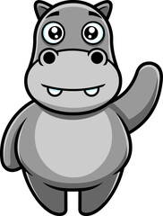 Cute Hippopotamus  Cartoon Character Waving. Vector Hand Drawn Illustration Isolated On Transparent Background