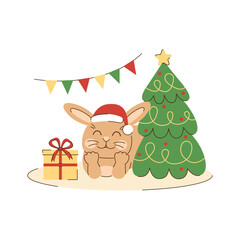 Rabbit lies under a christmas tree with gifts and decorations. Winter character in a new year hat. Cute beige bunny. Christmas, New Year greeting card. Seasonal vector illustration in flat style