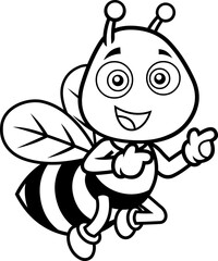 Outlined Cute Bee Cartoon Character Flying And Pointing. Vector Hand Drawn Illustration Isolated On Transparent Background