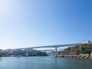 Aerial view of Porto, Douro River with boats and the bridges