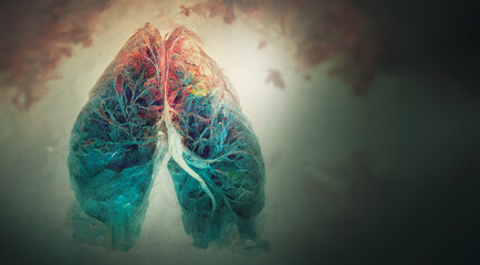 Abstract foliage of lungs on blur background.Trees are the lungs of the planet. Air purification. Ecological concept. Tree branch. The concept of pneumonia and bronchitis.3d render - obrazy, fototapety, plakaty