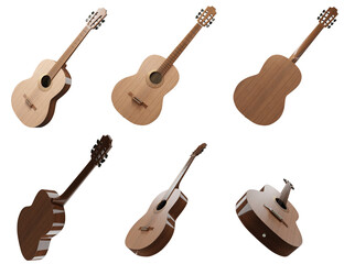 Collection of classical guitar rendered from different angles. Front, top, side angle, bottom, back views. Transparent png image, graphical resource. 