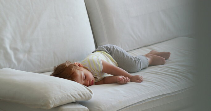 Candid Baby Sleeping On Sofa In The Afternoon Nap. Cute Infant Toddler Asleep