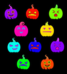 Cute And Funny Halloween Neon Pumpkin With Smile Funny Faces. Multicolor Gourd Jack O'Neill Funny Ghost Faces For Fall Halloween Season Celebration Vector Illustration.