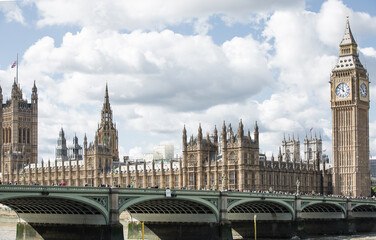 London, UK. Big Ben,  Houses of Parliament and Westminster Abbey during funeral ceremony of Queen...