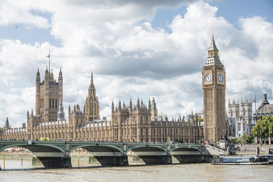 London, UK. Big Ben,  Houses of Parliament and Westminster Abbey during funeral ceremony of Queen Elizabeth II