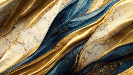 Marble abstract acrylic background. Nature marbling blue and gold sequins artwork texture.