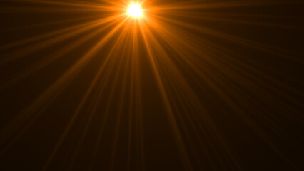 Light ray or sun beam vector background. Abstract gold light sparkle flash spotlight backdrop with golden sunlight shine on black background