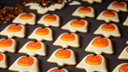 Tasty Halloween pumpkin cookies on brown background