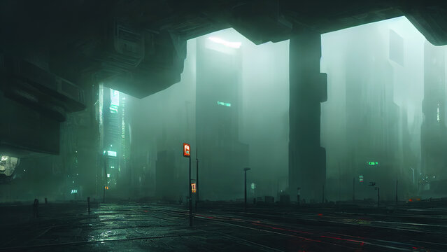 3 D Render. Futuristic Cyberpunk City. Concept Sci Fi Downtown At Night With Skyscraper, Highway And Billboards. 