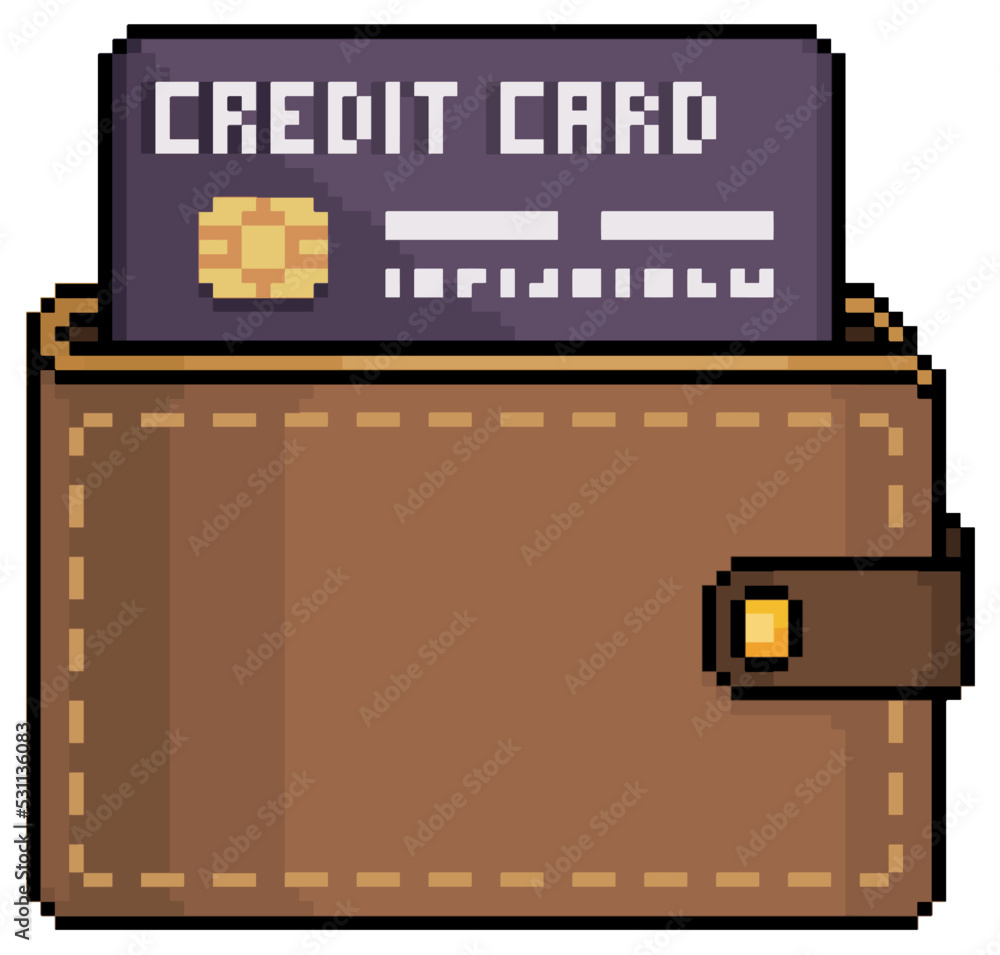 Poster pixel art wallet with credit card vector icon for 8bit game on white background