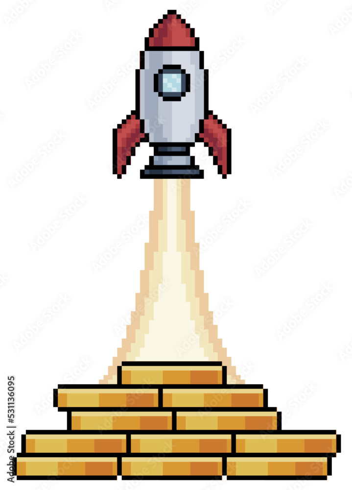 Poster pixel art rocket taking off from stack of coins vector icon for 8bit game on white background