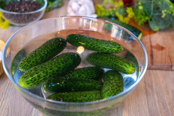 handmade marinated or pickled cucumbers with dill, garlic, and spices in a bowl and jar, rustic wooden table, homemade pickles, canning for the winter 