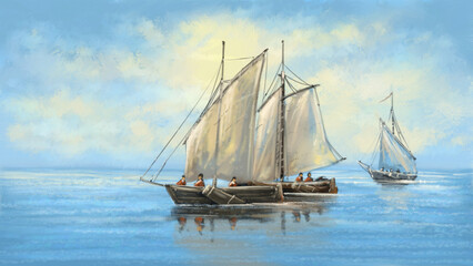 Beautiful seascape. Old fishing boats at sea, fishermen are fishing. Digital oil painting, classic painting in vibrant colors, sailing boat in the sea. Fine art, artwork.