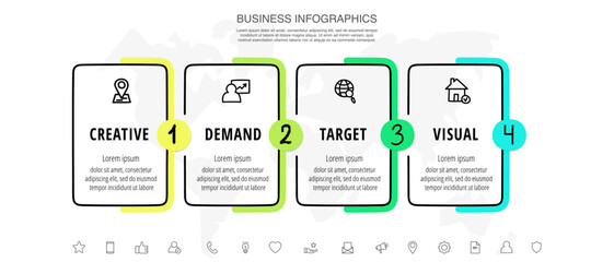 Vector line infographics with 4 rectangles. Business concept graphic process template with four steps and labels. Graphic timeline for step by step, levels, web, diagram, banner, presentations